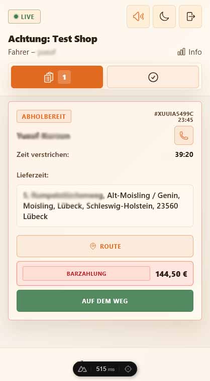 bringeat Fahrer-App im Dark Mode mit Live-Benachrichtigung