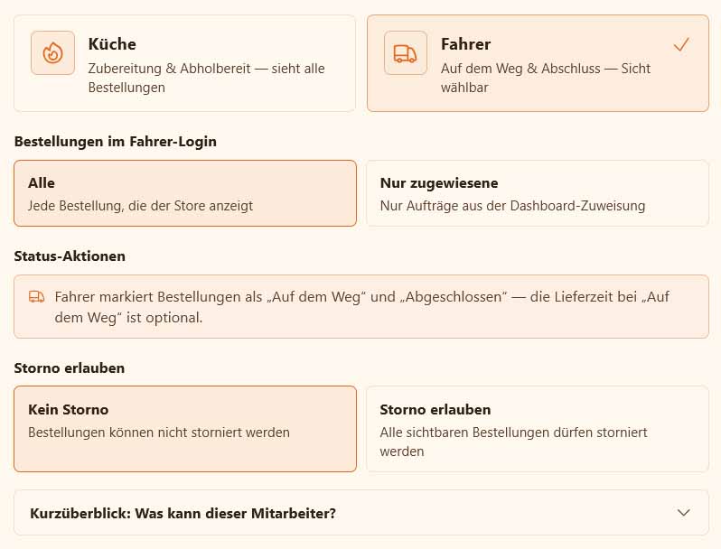bringeat Mitarbeiterverwaltung mit Rollen für Küche und Fahrer