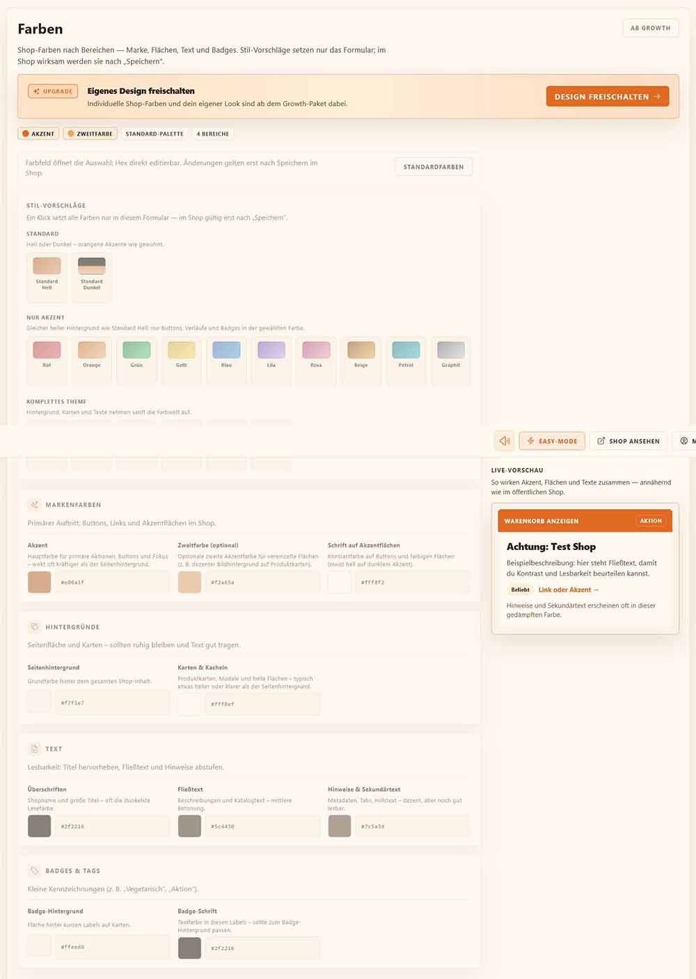 bringeat Theme-Editor mit Farbpresets und Live-Vorschau