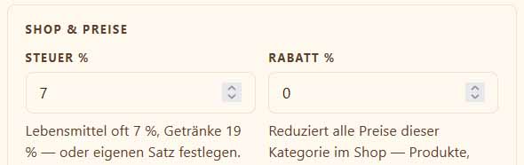 bringeat Kategorie-Einstellungen für Steuersatz und Rabatt