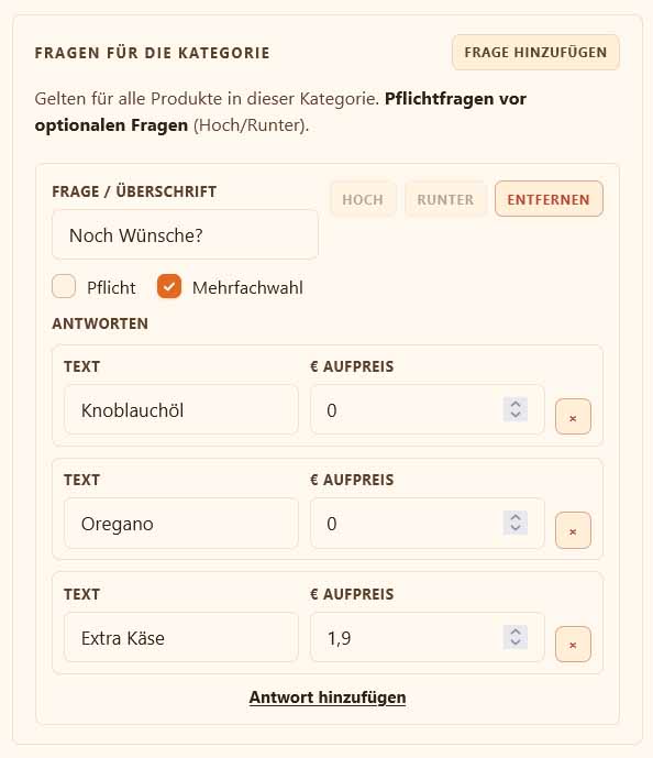 bringeat Kategoriefragen mit Pflichtoptionen und Mehrfachauswahl