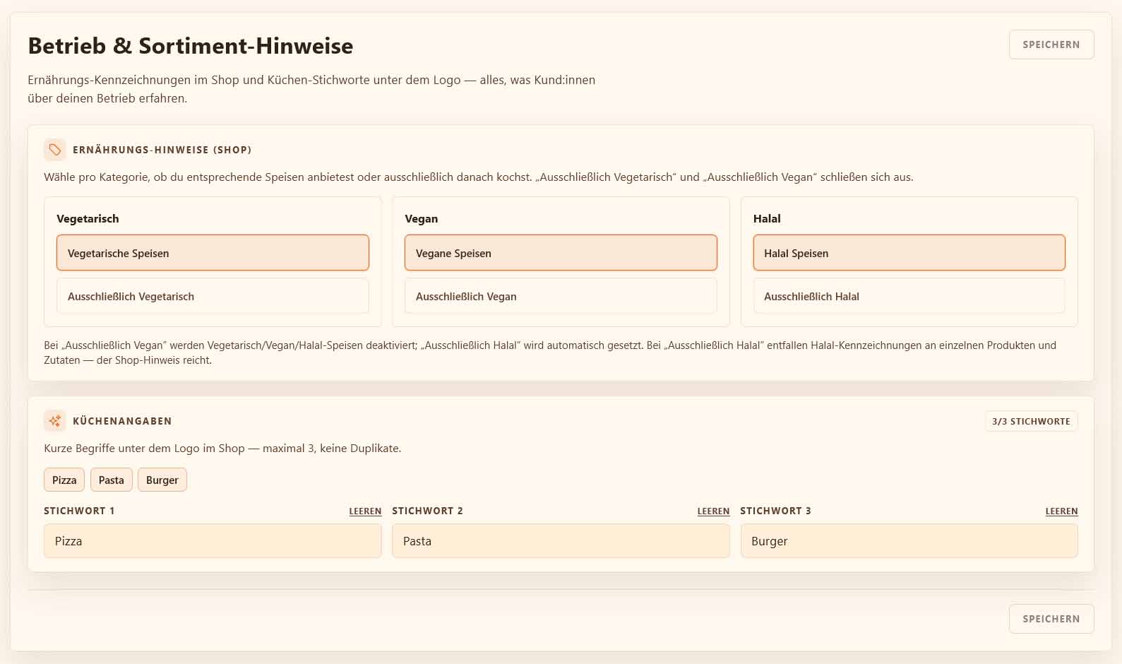 bringeat Küchenoptionen und Shop-Pflege im Dashboard