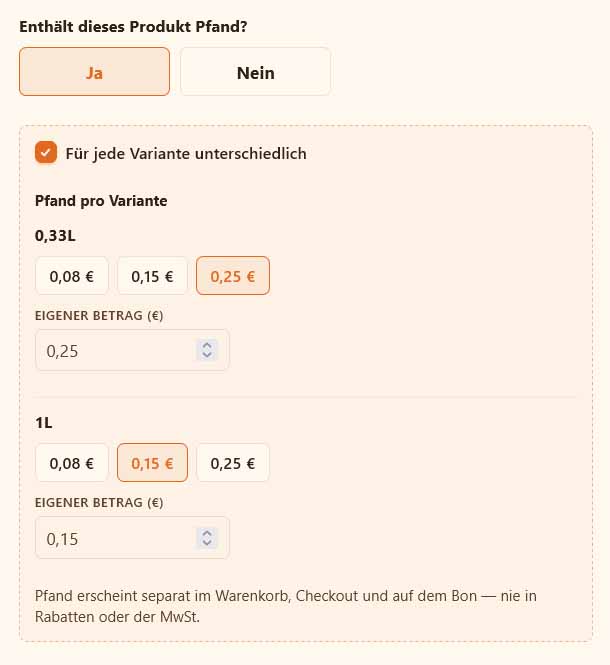 bringeat Pfandprodukte-Verwaltung mit Pfandbetrag
