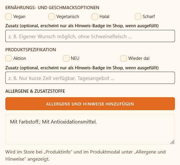 bringeat Produktangaben mit Vegan-, Halal- und Allergen-Badges