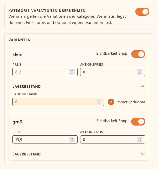 bringeat Produktvarianten mit Lagerbestand und Preisen