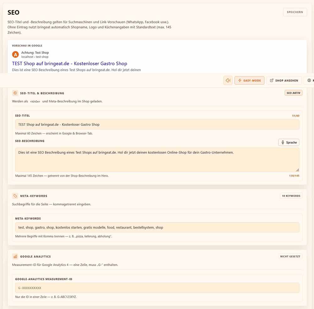 bringeat SEO-Einstellungen mit Meta-Titel und Beschreibung