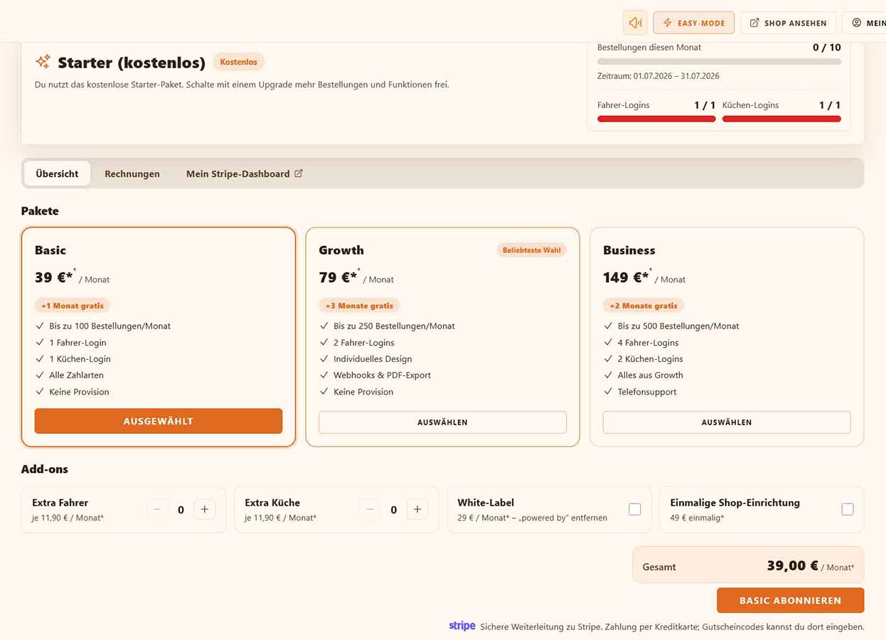 bringeat Abonnement-Bereich mit Paket und Laufzeit