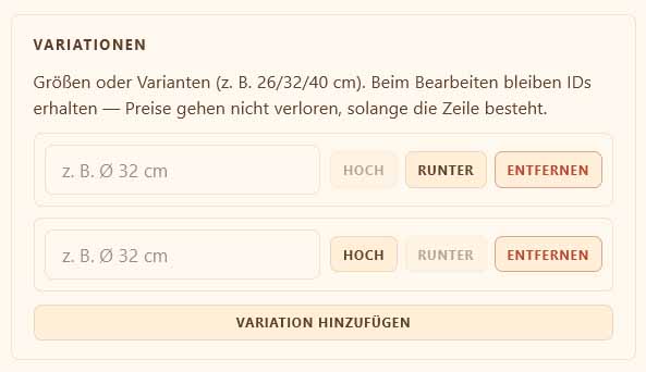 bringeat Kategorie-Variationen wie Pizzagrößen und Getränkegrößen