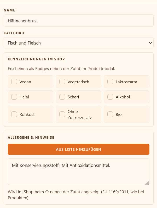 bringeat Zutaten-Detailansicht mit Allergenen und LMIV-Angaben